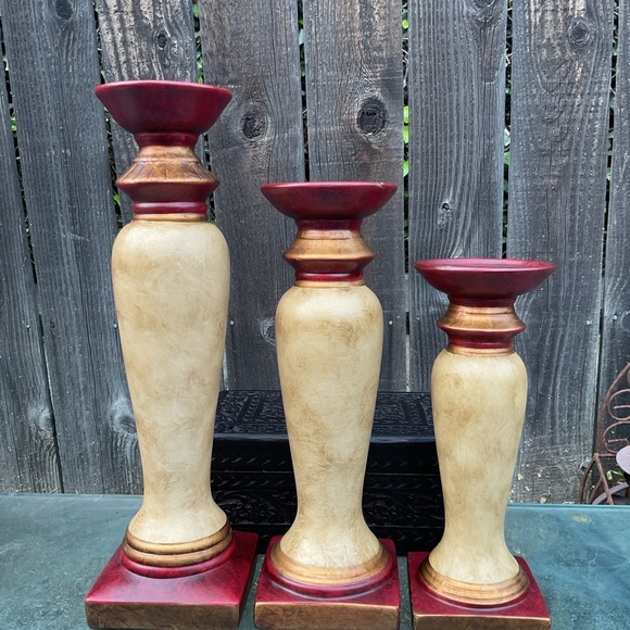 Set of 3 Ceramic Pillar Pedestal Candle Holders Red Gold Antique White